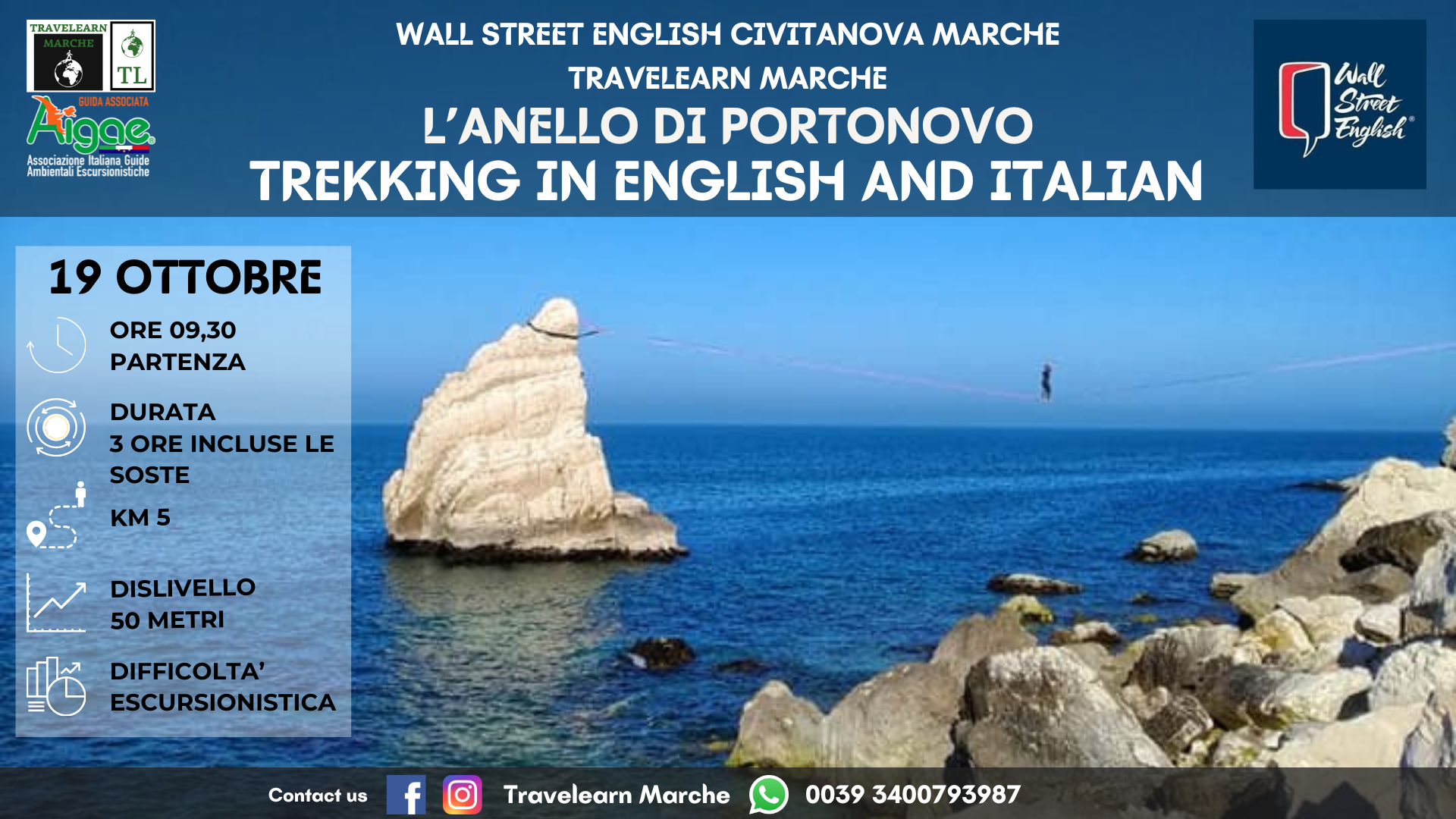 L'ANELLO DI PORTONOVO Ti piacciono le escursioni e vuoi anche migliorare il tuo inglese? Unisciti a noi per una giornata emozionante di TREKKING IN ENGLISH AND ITALIAN e immergiti nella bellezza della natura. Guide ambientali escursionistiche (associate A.I.G.A.E.) ti condurranno alla scoperta della baia di Portonovo di Ancona, parte integrante del parco regionale del monte Conero: Cammineremo su una bianca spiaggia sassosa costeggiando il mare azzurro: andremo a conoscere l'habitat del Lago Profondo e del Lago Grande, laghetti salmastri, ove faremo una sosta per birdwatching: qui gli abitanti sono la gallinella d’acqua, il martin pescatore, il germano reale e la folaga. Proseguiremo fino a raggiungere il Fortino Napoleonico, costruzione militare risalente ai primi dell’800, la Torre Clementina o Torre De Bosis, costruita a difesa dei pirati, la Chiesa di Santa Maria di Portonovo e la Vela di Portonovo. --- DETTAGLI TECNICI --- Distanza e dislivello: circa 5 km e ±50 metri Durata prevista: circa 3 ore incluse le soste Difficoltà: escursionistica per persone abituate a camminare senza difficoltà su terreni misti e in buona salute fisica. RITROVO ore 09,00 presso la Piazzetta di Portonovo. PARTENZA: ore 09,30 TRASPORTO: mezzi propri ABBIGLIAMENTO OBBLIGATORIO: scarponcini da trekking, abbigliamento a strati adeguato all'ambiente e alla stagione, acqua, snack. ABBIGLIAMENTO CONSIGLIATO : un ricambio, antivento o antipioggia. 𝐼𝑙 𝑐𝑜𝑠𝑡𝑜 𝑝𝑒𝑟 𝑜𝑔𝑛𝑖 𝑝𝑎𝑟𝑡𝑒𝑐𝑖𝑝𝑎𝑛𝑡𝑒 𝑒̀ 𝑑𝑖 15 𝑒𝑢𝑟𝑜. La quota comprende l'organizzazione dell'evento, la guida AIGAE con assicurazione RCT. Per bambini da 8 a 12 anni accompagnati da un adulto è gratuito, dai 13 ad i 17 anni il costo è di 10 euro. Qualora si presentassero condizioni atmosferiche o di sicurezza sfavorevoli, la Guida ha la facoltà di modificare, rinviare o annullare l'escursione in qualsiasi momento. Per info e prenotazioni contatta Travelearn Marche al nr. 3400793987 oppure rivolgiti alla reception di Wall Street English Civitanova Marche al nr. 0733 816629 #trekking #escursione #cammino #natura #conero #portonovo #lavela #marche #camminare # walk #sea