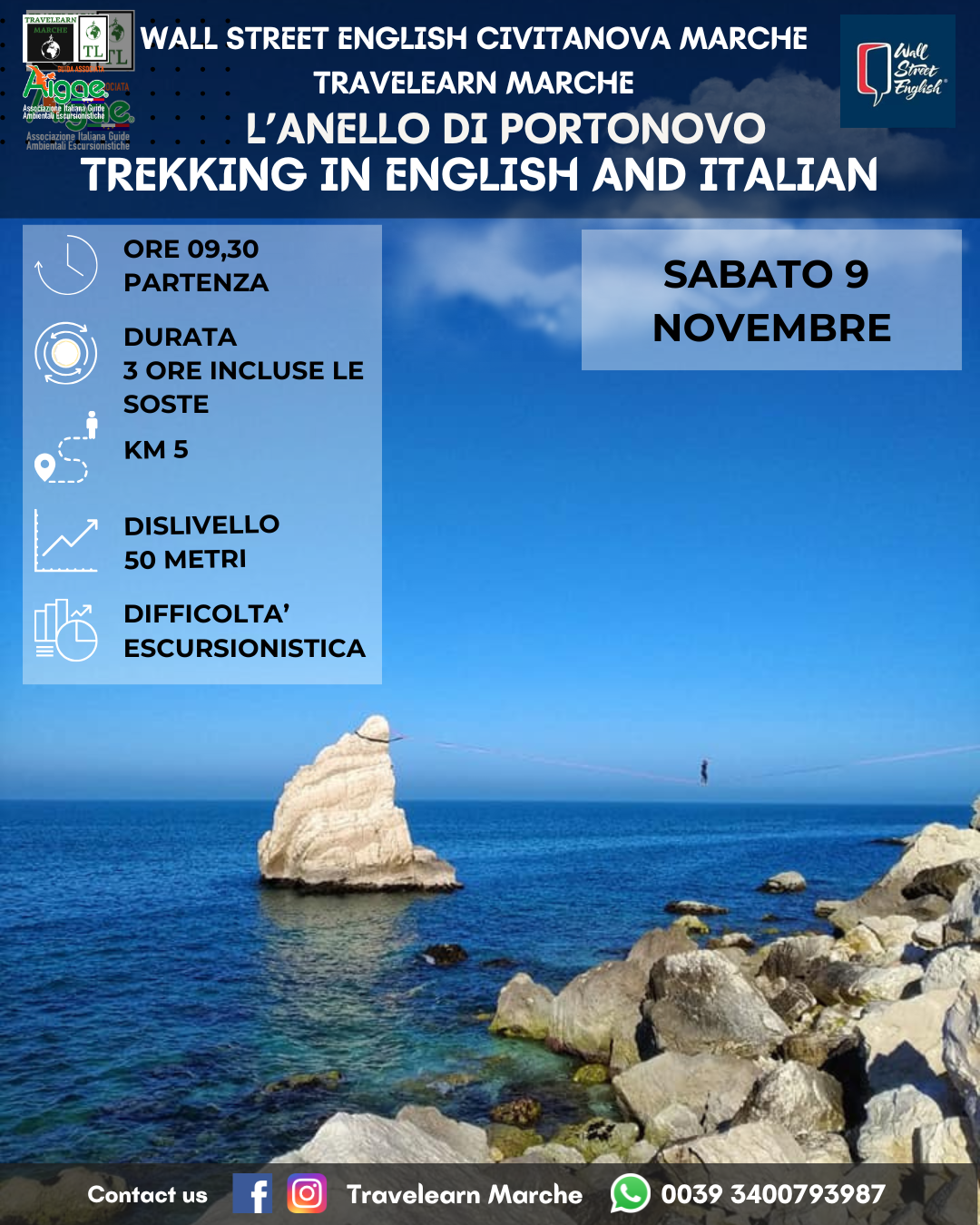 L'ANELLO DI PORTONOVO Ti piacciono le escursioni e vuoi anche migliorare il tuo inglese? Unisciti a noi per una giornata emozionante di TREKKING IN ENGLISH AND ITALIAN e immergiti nella bellezza della natura. Guide ambientali escursionistiche (associate A.I.G.A.E.) ti condurranno alla scoperta della baia di Portonovo di Ancona, parte integrante del parco regionale del monte Conero: Cammineremo su una bianca spiaggia sassosa costeggiando il mare azzurro: andremo a conoscere l'habitat del Lago Profondo e del Lago Grande, laghetti salmastri, ove faremo una sosta per birdwatching: qui gli abitanti sono la gallinella d’acqua, il martin pescatore, il germano reale e la folaga. Proseguiremo fino a raggiungere il Fortino Napoleonico, costruzione militare risalente ai primi dell’800, la Torre Clementina o Torre De Bosis, costruita a difesa dei pirati, la Chiesa di Santa Maria di Portonovo e la Vela di Portonovo. --- DETTAGLI TECNICI --- Distanza e dislivello: circa 5 km e ±50 metri Durata prevista: circa 3 ore incluse le soste Difficoltà: escursionistica per persone abituate a camminare senza difficoltà su terreni misti e in buona salute fisica. RITROVO ore 09,00 presso il parcheggio "La Torre" di Portonovo. PARTENZA: ore 09,30 TRASPORTO: mezzi propri ABBIGLIAMENTO OBBLIGATORIO: scarponcini da trekking, abbigliamento a strati adeguato all'ambiente e alla stagione, acqua, snack. ABBIGLIAMENTO CONSIGLIATO : un ricambio, antivento o antipioggia. 𝐼𝑙 𝑐𝑜𝑠𝑡𝑜 𝑝𝑒𝑟 𝑜𝑔𝑛𝑖 𝑝𝑎𝑟𝑡𝑒𝑐𝑖𝑝𝑎𝑛𝑡𝑒 𝑒̀ 𝑑𝑖 15 𝑒𝑢𝑟𝑜. La quota comprende l'organizzazione dell'evento, la guida AIGAE con assicurazione RCT. Per bambini da 8 a 12 anni accompagnati da un adulto è gratuito, dai 13 ad i 17 anni il costo è di 10 euro. Qualora si presentassero condizioni atmosferiche o di sicurezza sfavorevoli, la Guida ha la facoltà di modificare, rinviare o annullare l'escursione in qualsiasi momento. Per info e prenotazioni contatta Travelearn Marche al nr. 3400793987 oppure rivolgiti alla reception di Wall Street English Civitanova Marche al nr. 0733 816629 #trekking #escursione #cammino #natura #conero #portonovo #lavela #marche #camminare # walk #sea